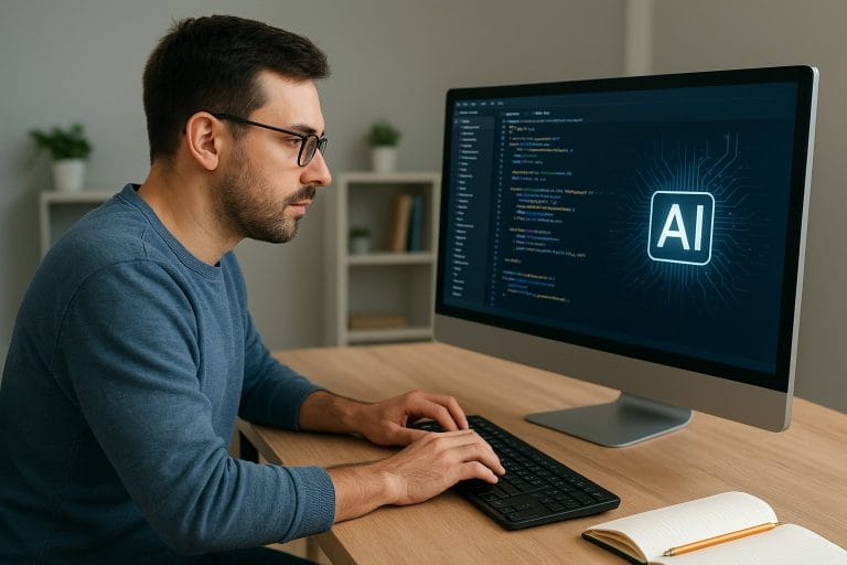 Man coding trading robot with AI